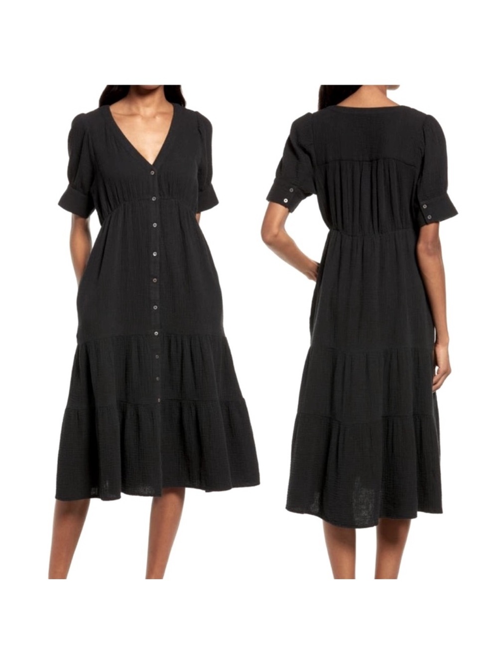 NWT Madewell Black V-Neck Button-Front Tiered Midi Dress 2